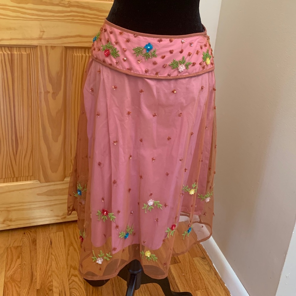 Pink beaded floral see thru skirt sz 8